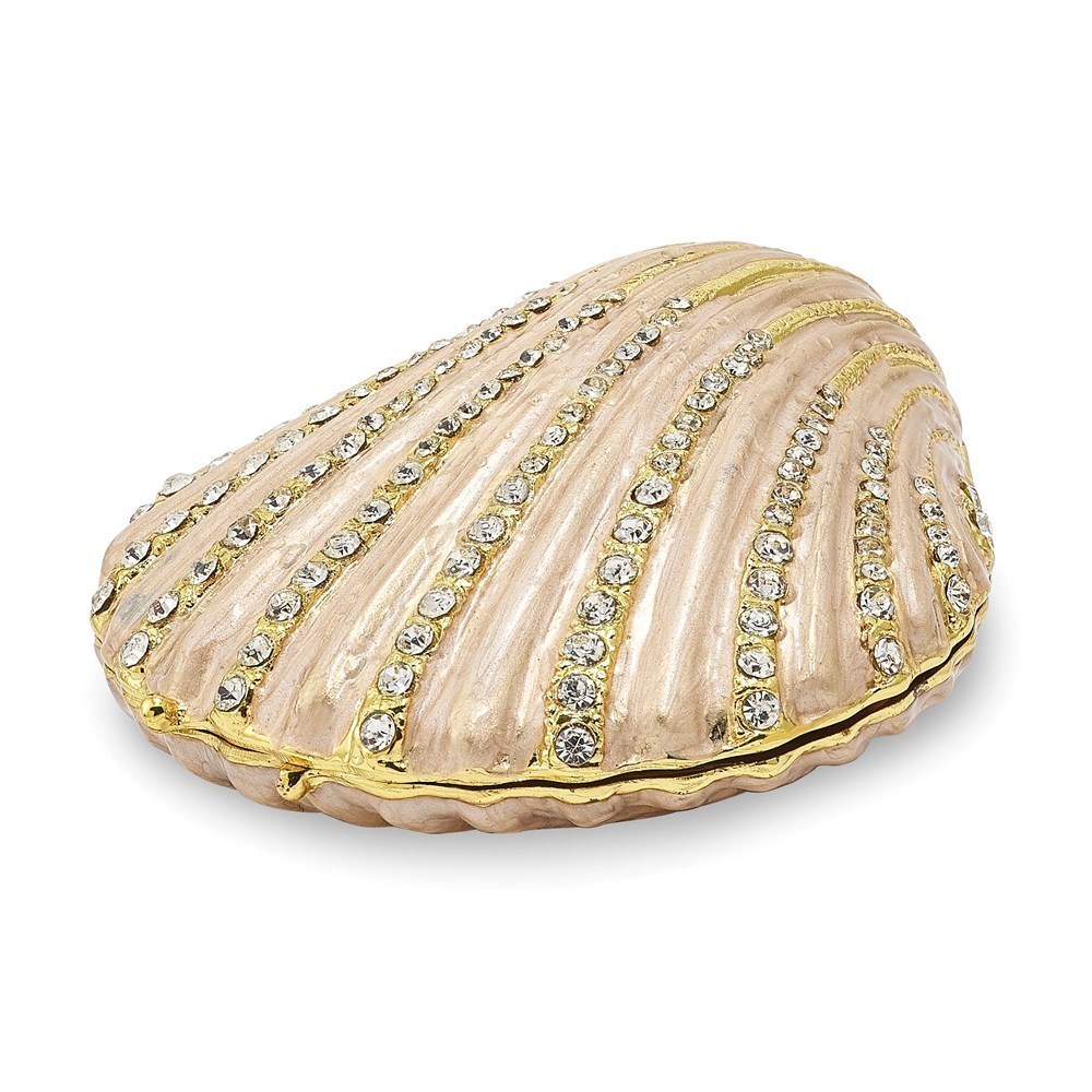 Pewter Bejeweled Gold Sea Life -tone Enameled PINKY Clam Shell Trinket Box